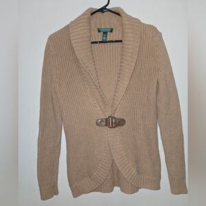 ​LAUREN Ralph Lauren Petite P/M Buckle Shawl Collar Cardigan Sweater Tan